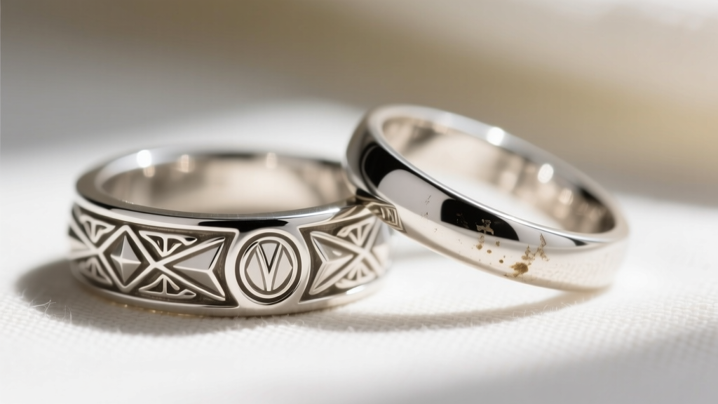 Close-up of a hallmarked platinum Art Deco ring shank next to a rhodium-plated white gold band showing wear on the rhodium layer