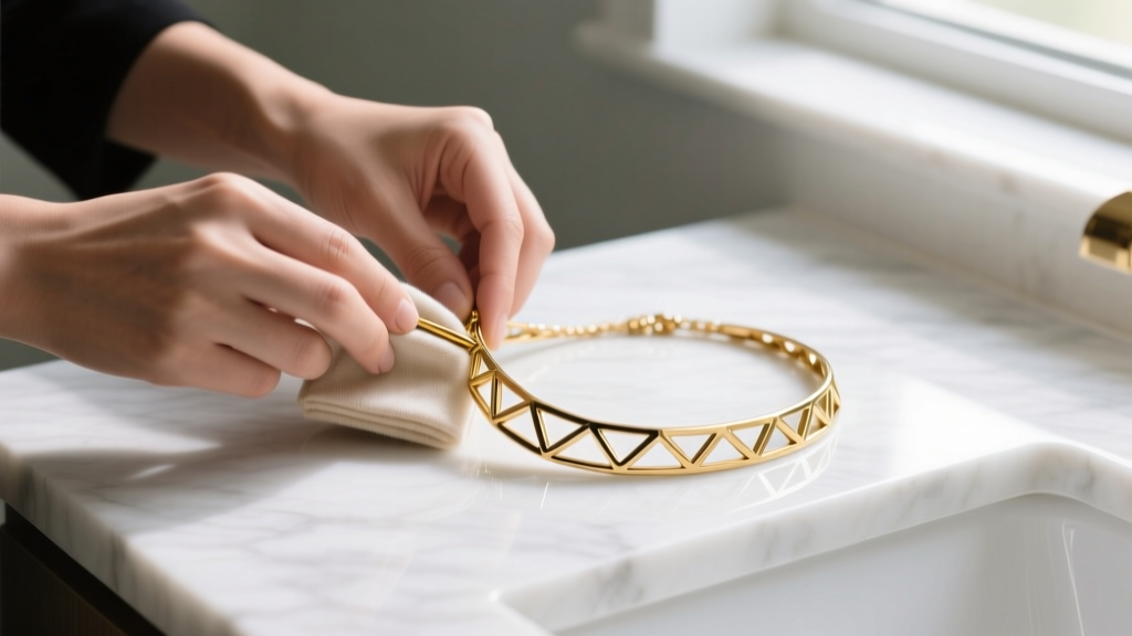Hands polishing a gold-plated stainless steel fashion necklace with a microfiber cloth on a clean white marble bathroom vanity top
