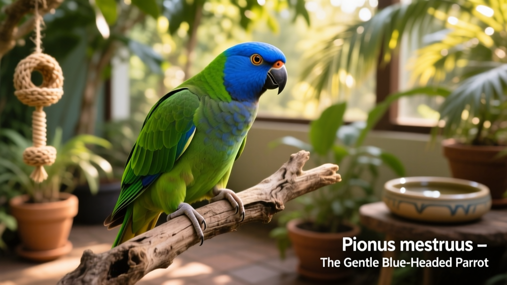 A vibrant Blue Headed Pionus perched on a natural branch, showcasing its bright blue head and green body