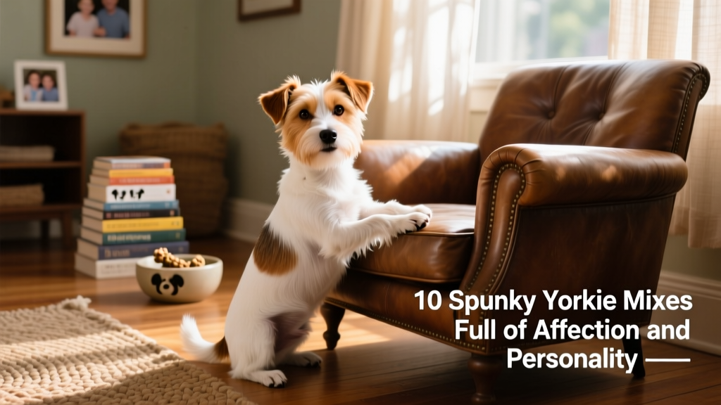 Yorkie Russell, Yorkie Jack Russell mix, sitting in living room