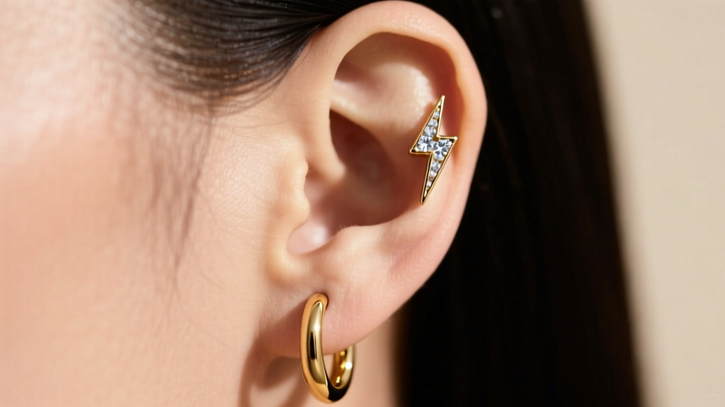 Side profile of a curated ear showing a tiny diamond lightning bolt stud in the upper helix paired with a seamless gold hoop.
