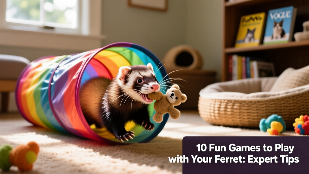 Ferret emerging from a colorful FurPetVo tunnel with a toy in its mouth