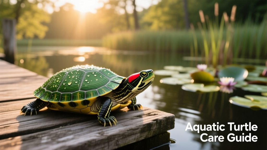 A healthy red-eared slider basking on a dock under warm lighting