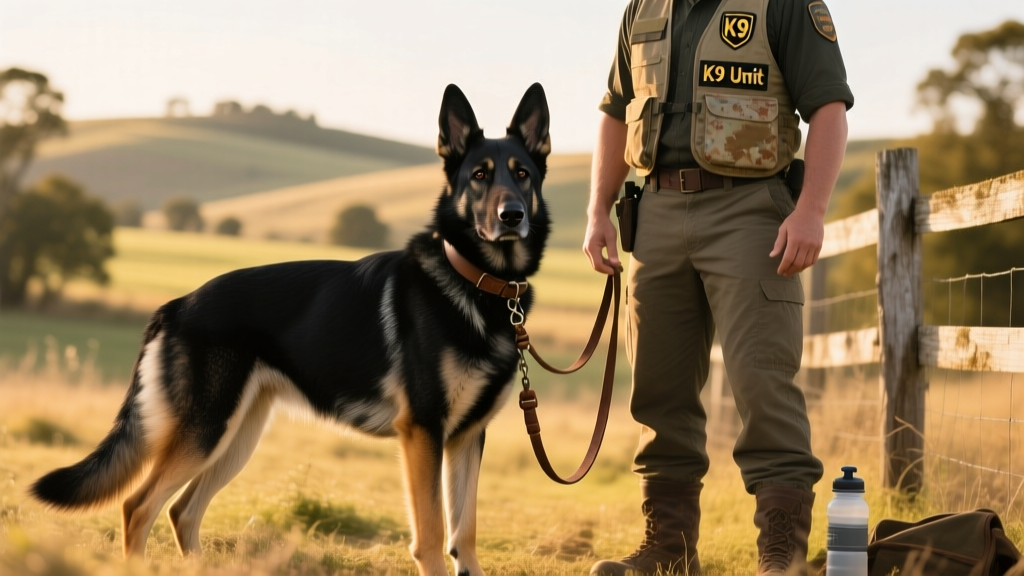 A calm but alert German Shepherd standing attentively beside its handler outdoors