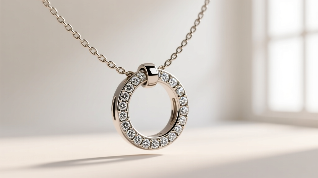 Macro photography of a lariat necklace sliding mechanism, showing a diamond-encrusted metal O-ring gliding along a 1mm box chain.