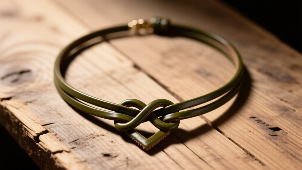 Overhead view of crossed olive leather cords looped into a square sliding slip knot necklace adjustment on a rustic wooden surface