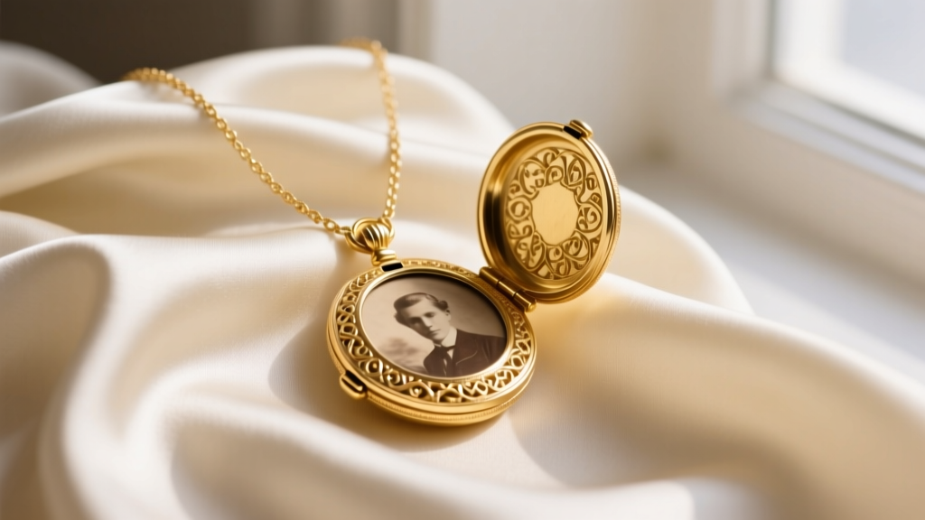 Open 18k solid gold heirloom locket necklace revealing a vintage sepia photo, draped elegantly over a cream-colored silk blouse