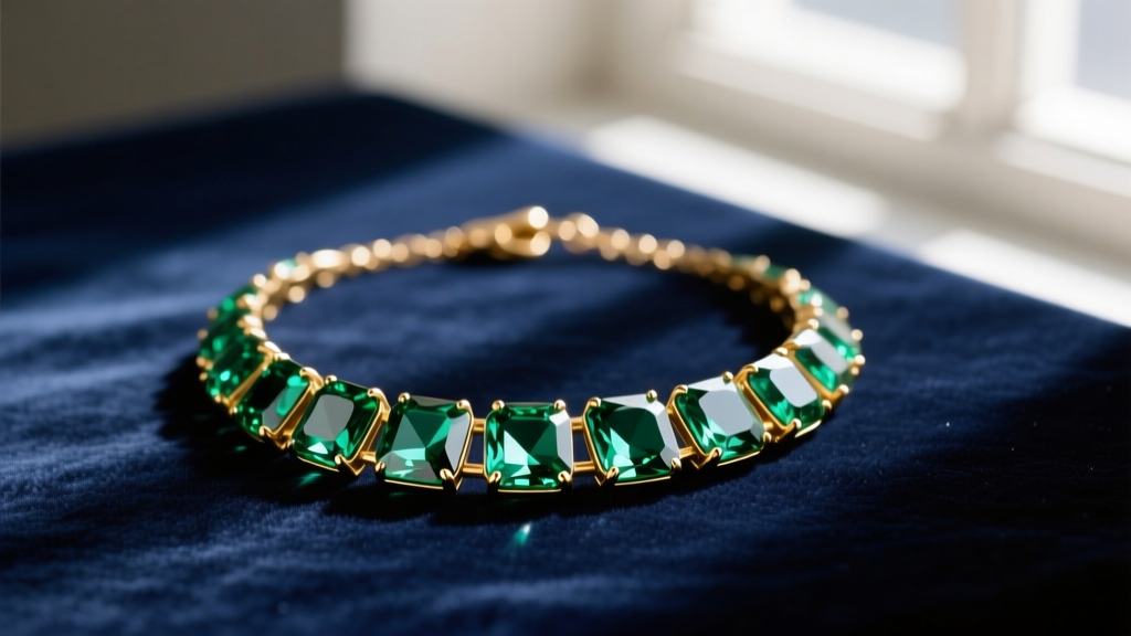 Flat lay of a vintage J.Crew crystal statement necklace with emerald-cut glass stones in gold-tone brass on dark velvet
