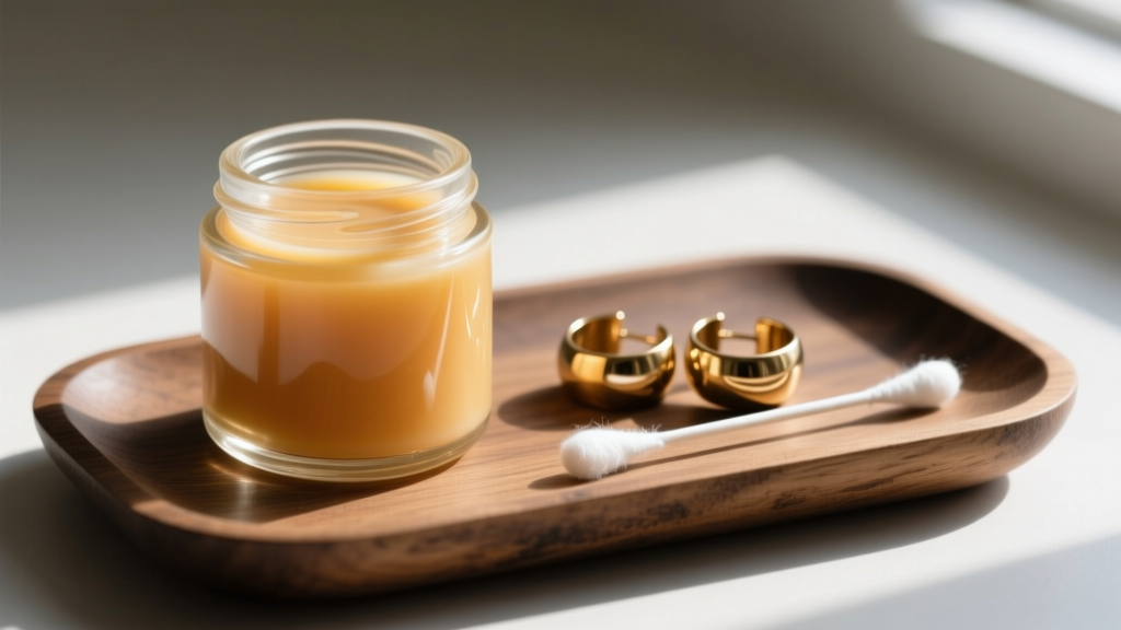 Glass jar of Renaissance microcrystalline wax next to unlacquered brass ear cuffs and a cotton swab on a wooden jewelry tray.