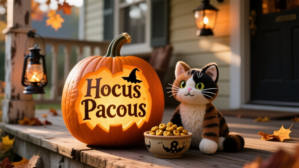 A glowing pumpkin lit from within, displaying the 'Hocus Pocus' title stencil, placed beside a Binx plush and a small bowl of cat treats on a rustic porch