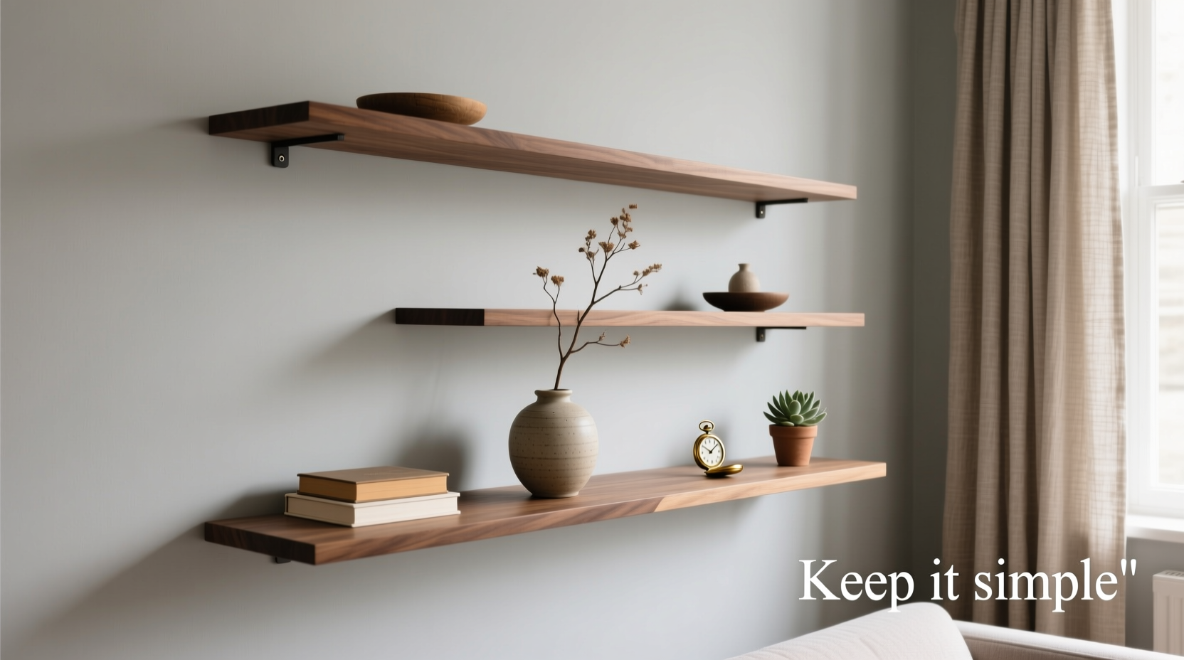 how to arrange floating shelves in a living room without clutter