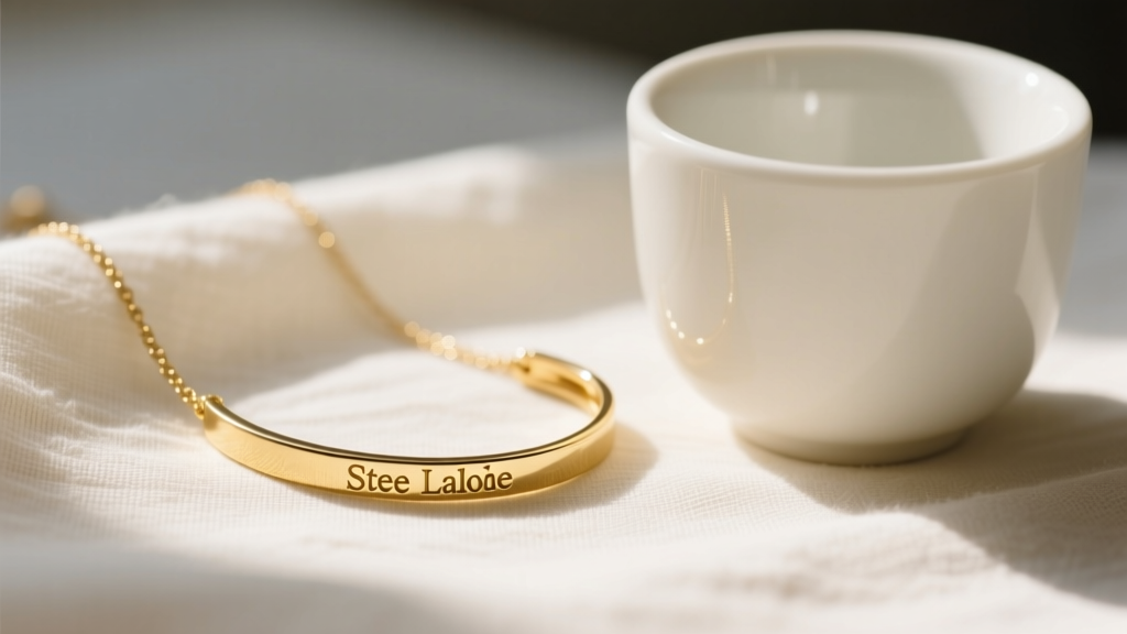 Close-up of an 18k gold vermeil Estee Lalonde bar necklace on cream linen next to a white ceramic cup in soft morning light.