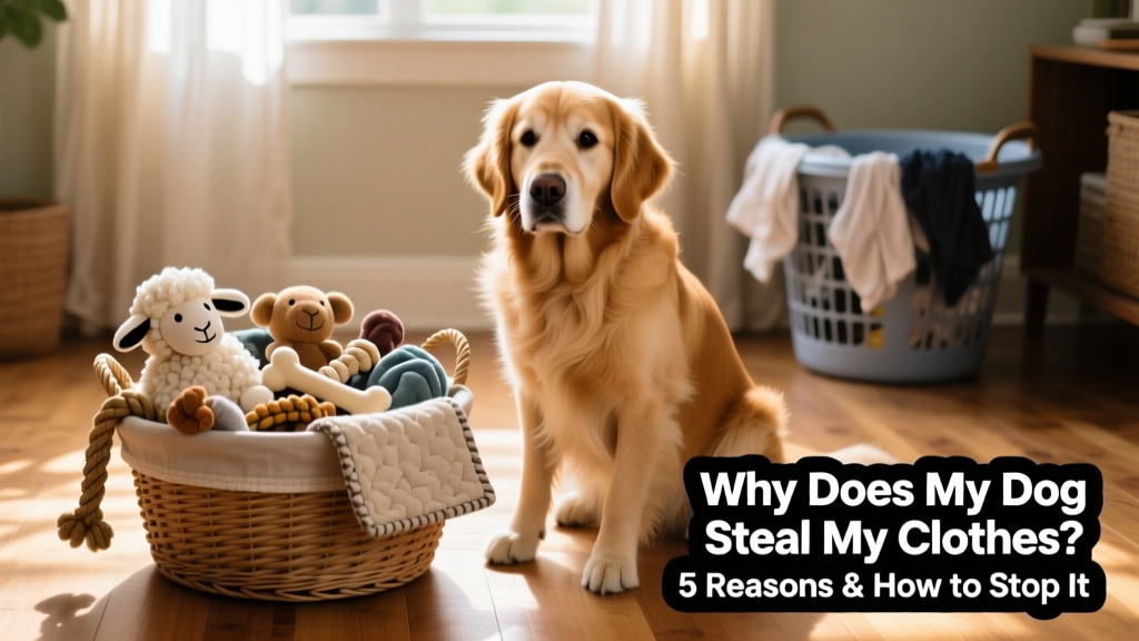 A calm, focused dog sitting beside a designated toy basket filled with soft plush toys and chew-resistant fabric items
