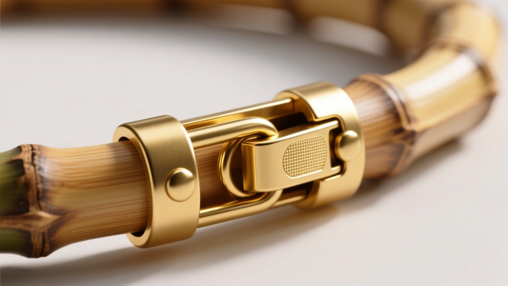 Extreme close-up of a hinged clicker closure on a thick gold bamboo hoop, showing the precise interlocking metal latch mechanism.