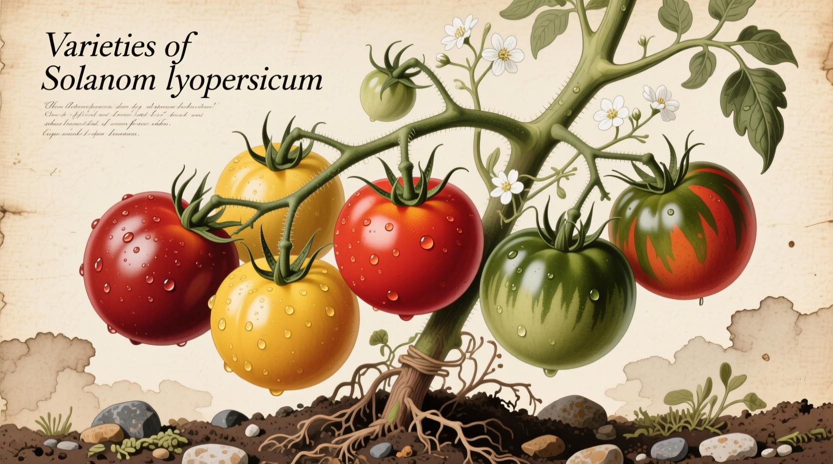 Various tomato varieties on vine with soil background