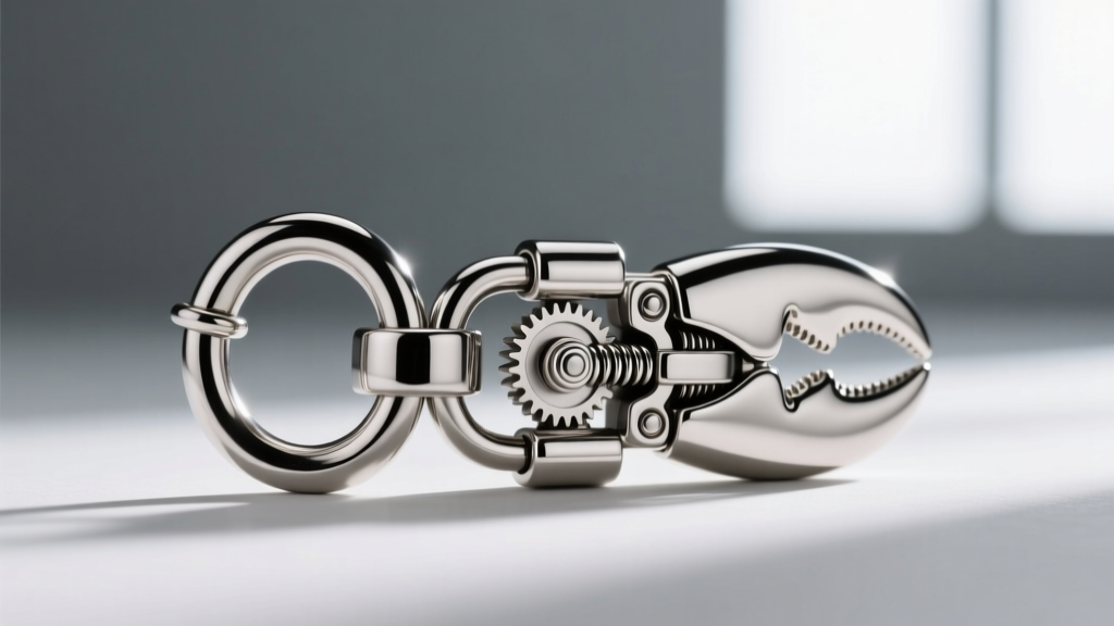 Extreme close-up of a heavy-duty platinum lobster clasp attached to a soldered jump ring, highlighting the secure locking mechanism.