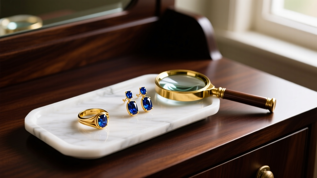 Retro gold cocktail ring and sapphire earrings on a marble tray next to a brass magnifying glass on a dark wood vanity.