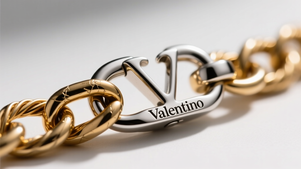 Extreme close-up of a 1.5mm palladium-plated brass cable chain and lobster clasp with laser-engraved Valentino hallmark.