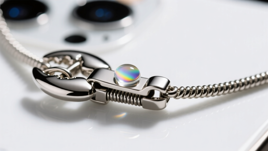 Macro shot of a stainless steel lobster clasp on a phone necklace, showing a drop of PTFE lubricant applied to the spring hinge.