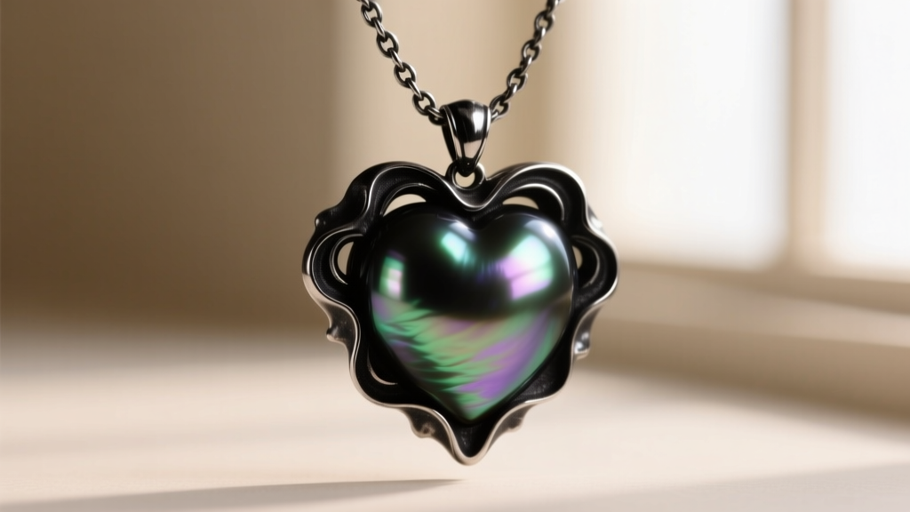 Macro shot of a baroque Tahitian black pearl carved into a rustic heart shape, suspended on a dark oxidized sterling silver chain.