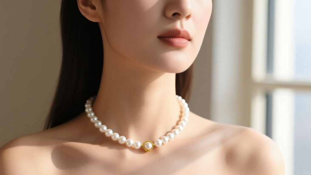 Close-up of a woman wearing a delicate 4mm white pearl choker necklace with a tiny gold clasp in soft natural window light.
