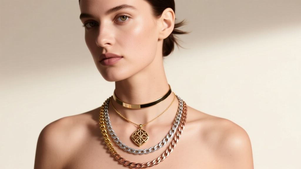 Model wearing three layered necklaces: a 16-inch choker, 18-inch pendant, and 24-inch opera chain in mixed metals on bare skin
