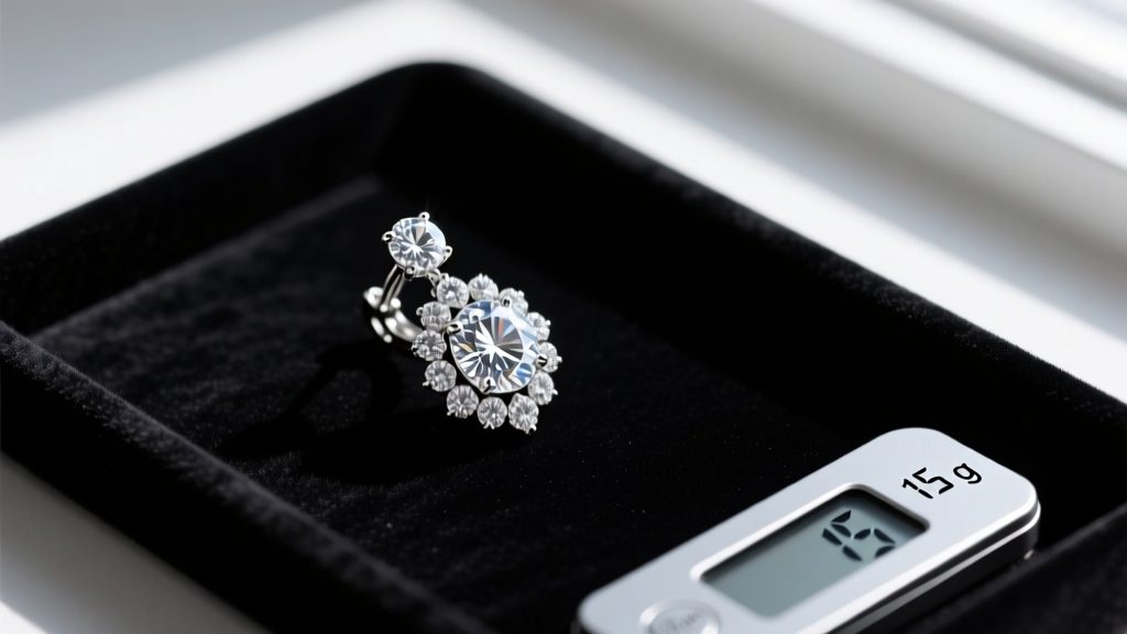 Close-up of a massive high jewelry diamond earring on a dark velvet tray next to a digital scale showing 15 grams