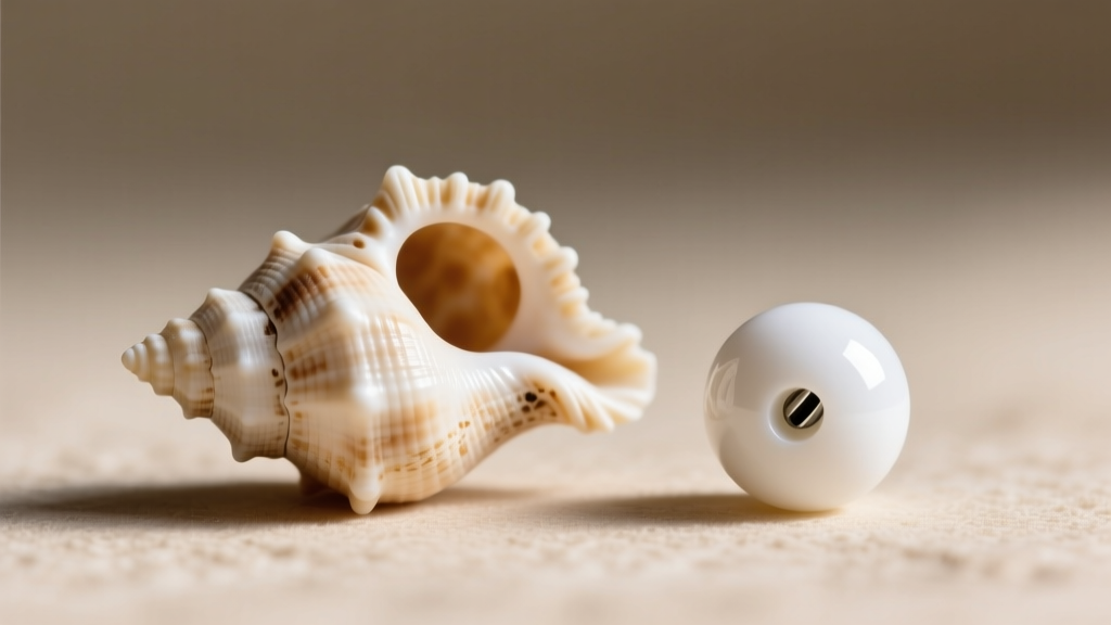 Macro shot of a genuine puka shell with an asymmetrical hole beside a perfectly round, machine-drilled white plastic bead replica.