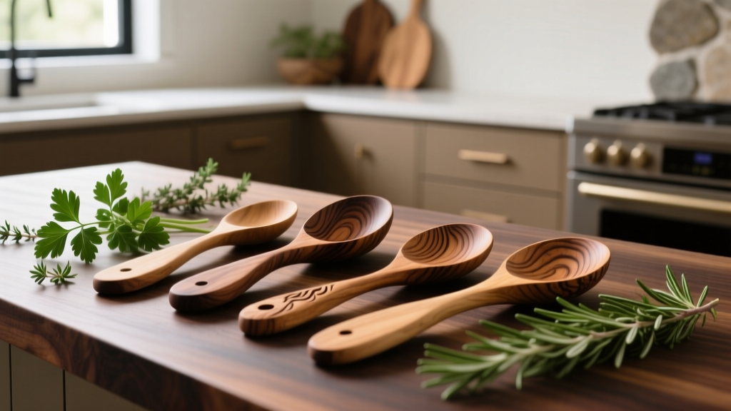 Assortment of hand-carved olive wood and hard maple cooking spoons resting on a rustic dark walnut kitchen countertop next to fresh herbs