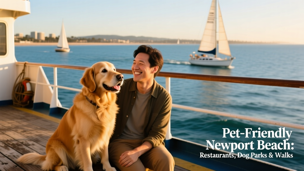 A friendly dog sitting beside its owner on the Balboa Island ferry, with ocean views in the background
