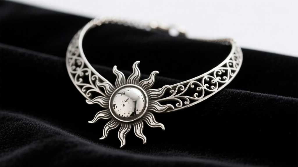 Oxidized sterling silver vintage sun necklace with intricate ray detailing resting elegantly on a dark velvet fabric background
