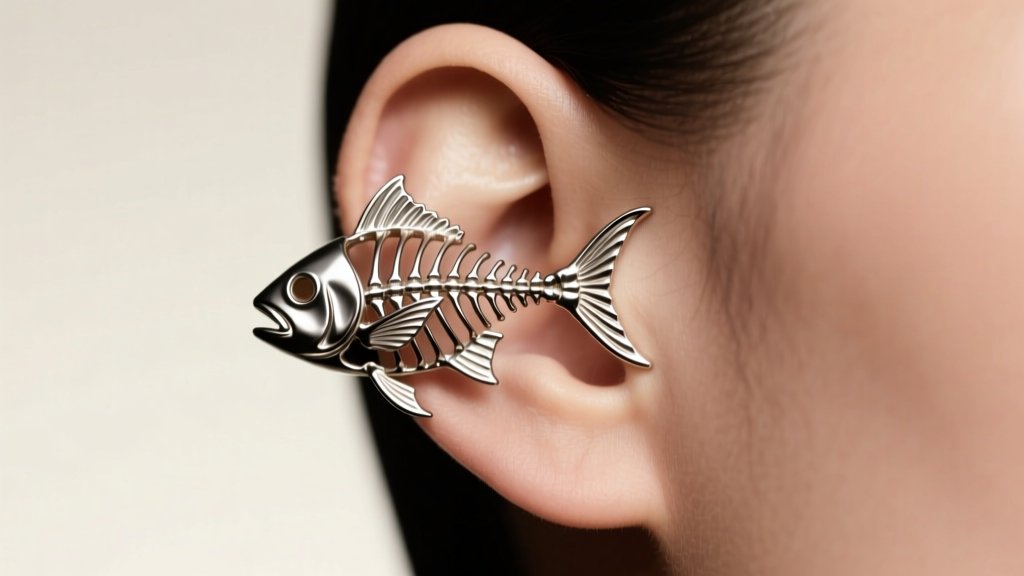Side profile of a titanium fish skeleton ear cuff wrapping around the upper helix cartilage, lit by soft studio lighting.