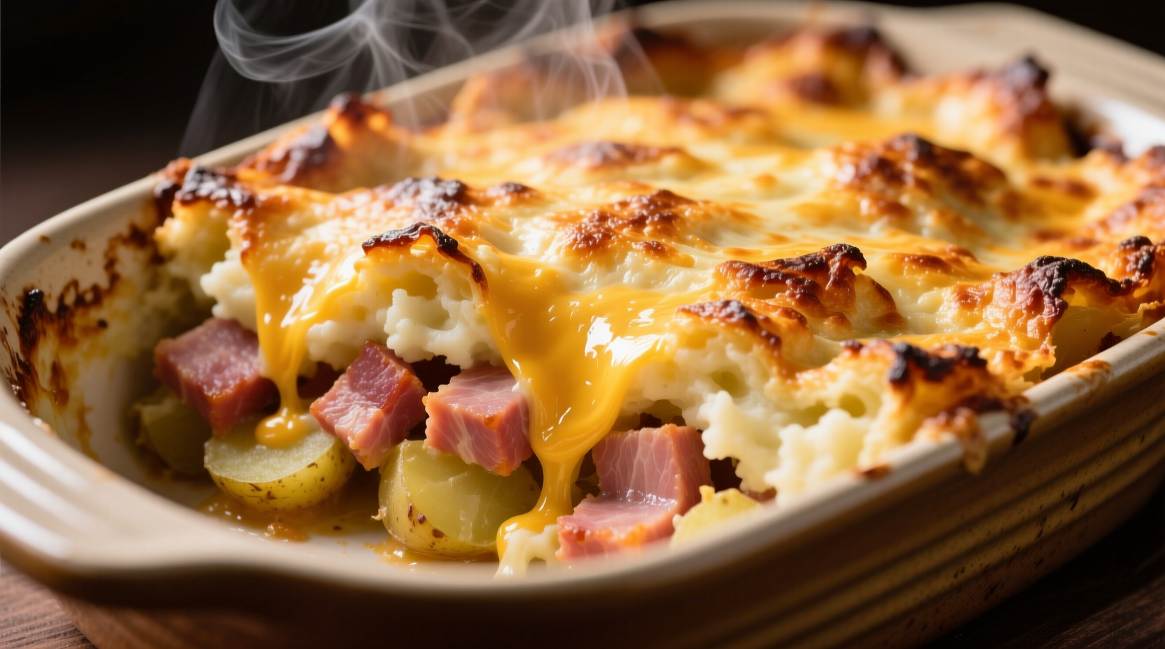 Golden baked ham cheese potato casserole with crispy top