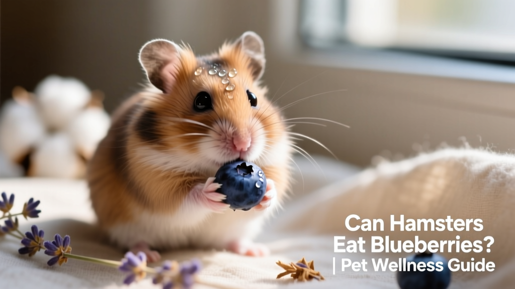 A Syrian hamster holding a small, fresh blueberry in its paws