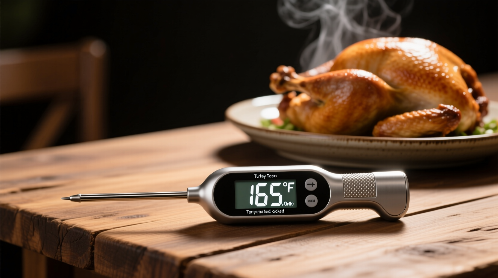 Turkey thermometer showing safe internal temperature