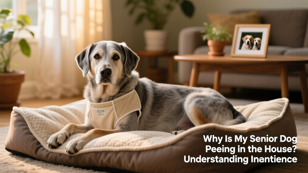 Senior dog comfortably wearing a soft, adjustable dog diaper while lying on a cozy, absorbent dog bed