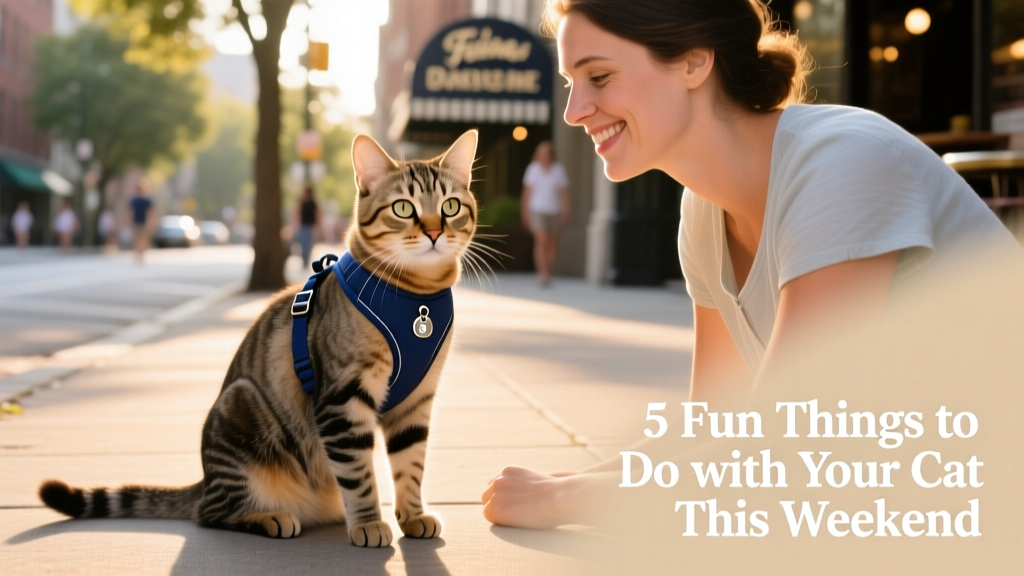 A calm, curious cat wearing a well-fitted harness, standing beside its owner on a sunlit sidewalk
