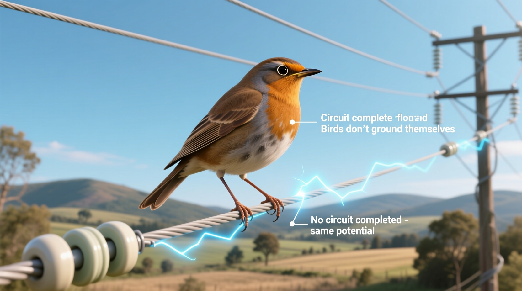 why do birds not get electrocuted on power lines