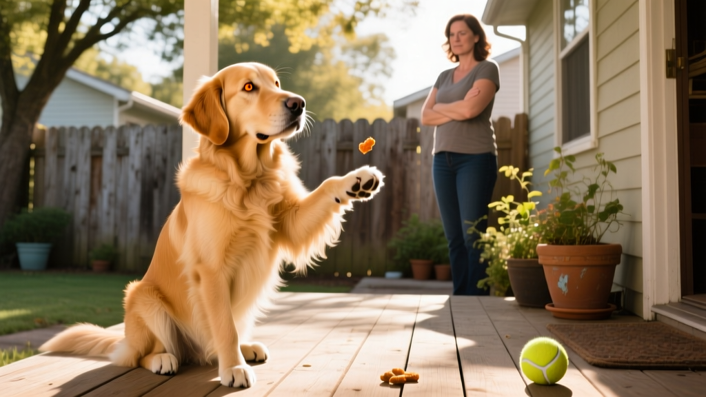Charlie sitting upright with one paw lifted mid-air, looking intensely at her mom as if negotiating treat terms