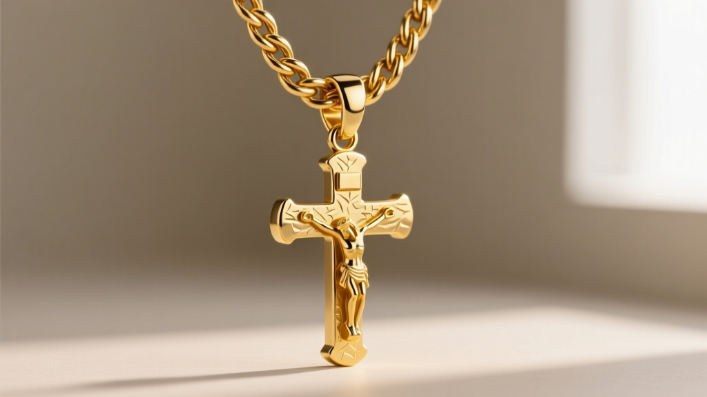 Sturdy 3mm 14k gold rope chain threading through a reinforced oval bail on a heavy solid gold crucifix pendant, side angle view.