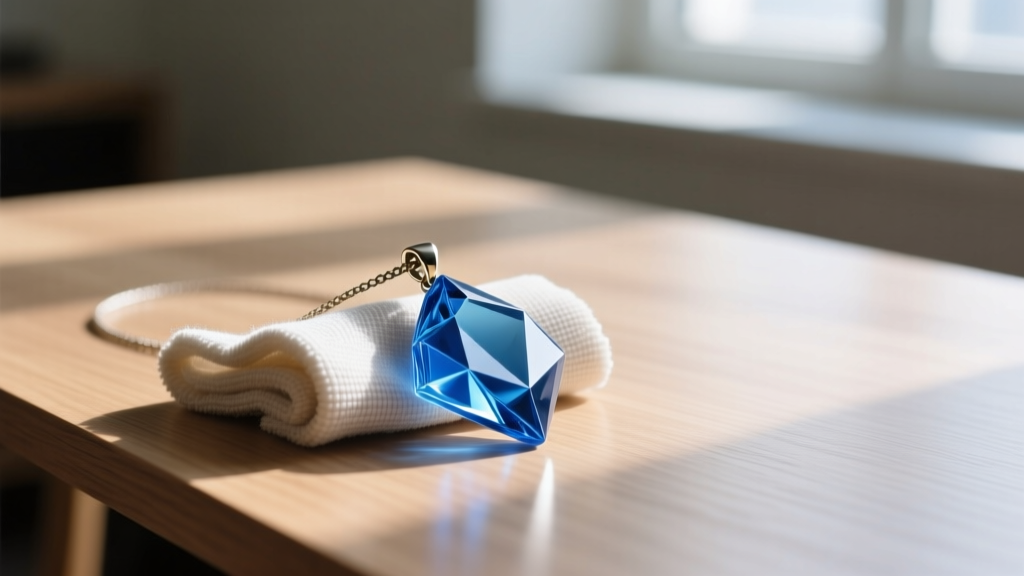 Microfiber cloth gently polishing a translucent blue resin replica necklace pendant, showing intricate carved facets on a wood desk.