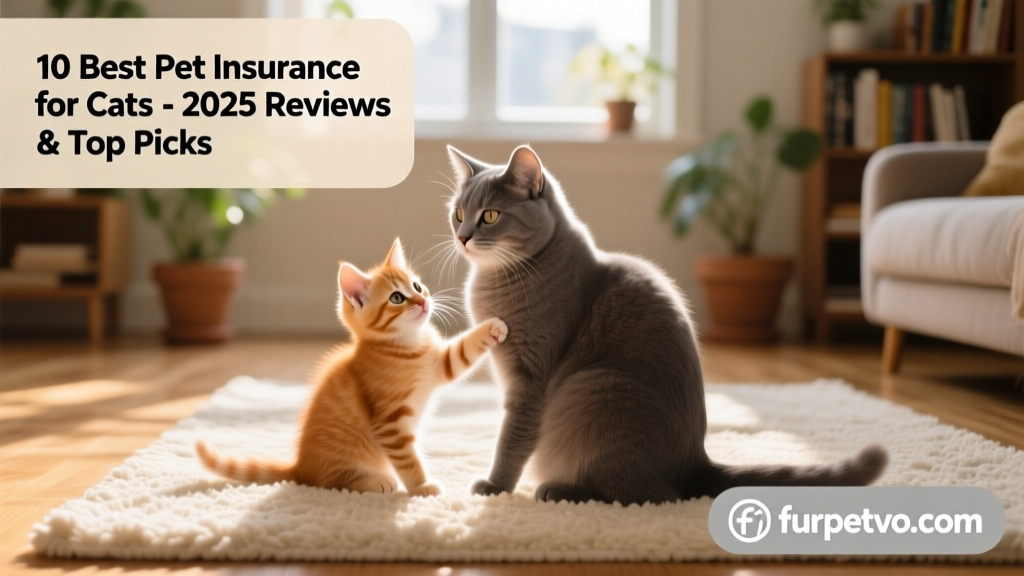 Two cats—one playful kitten, one calm senior—sitting side by side on a cozy rug, with a subtle furpetvo.com logo watermark in the corner