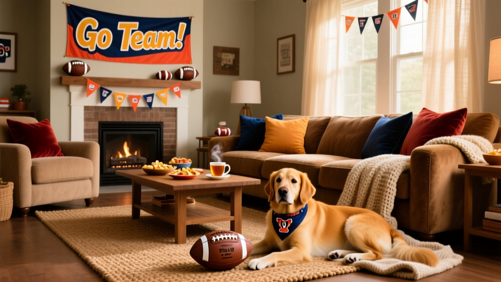 A cozy living room set up for homegating: comfy couches, team-colored decorations, and a calm dog resting nearby