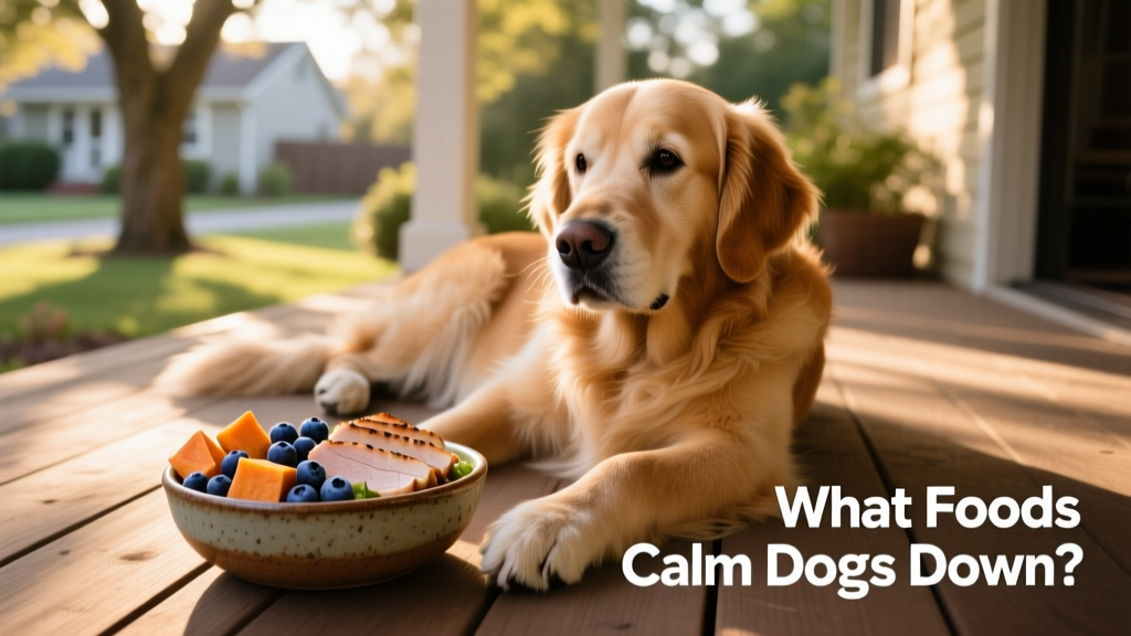 A dog peacefully resting beside a bowl of fresh blueberries, cooked sweet potato, and grilled turkey slices