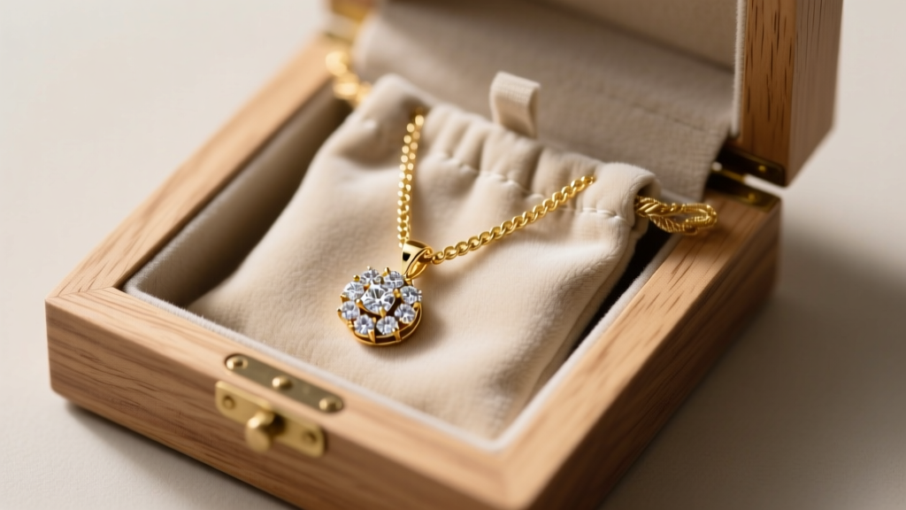 Gold chain and diamond stone necklace pendant stored safely inside an individual anti-tarnish velvet pouch in a wooden box