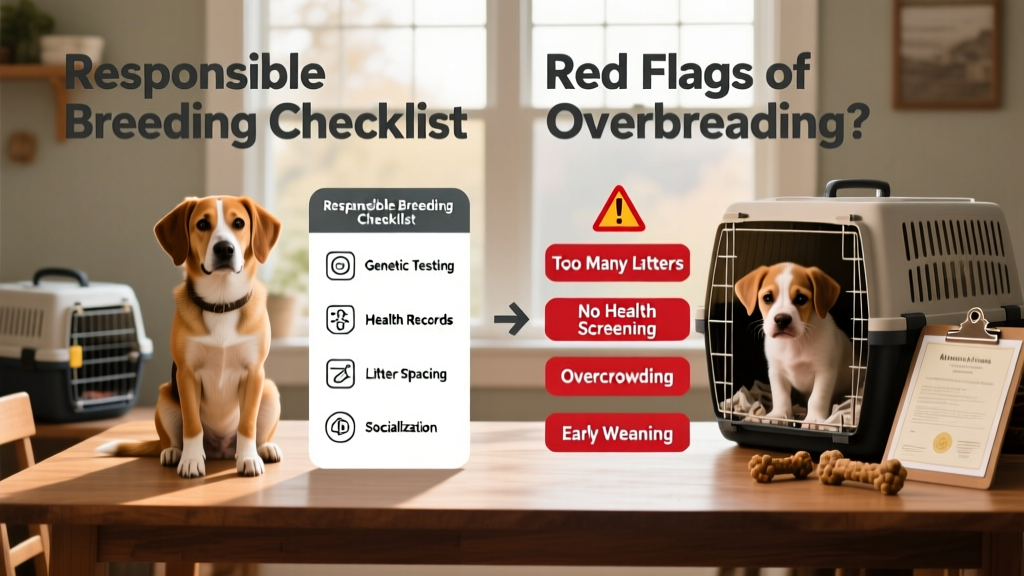 Infographic comparing responsible breeding checklist vs. red flags of overbreeding