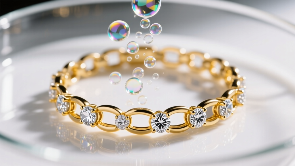 Diamond bracelet in an ultrasonic tank, showing micro-bubbles forming around the intricate yellow gold links and prong settings.