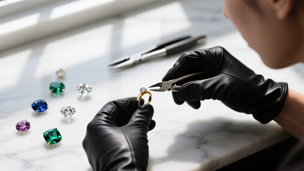 Overhead view of a jeweler's hands conditioning metallic gold polymer clay on a frosted glass work surface with a steel brayer