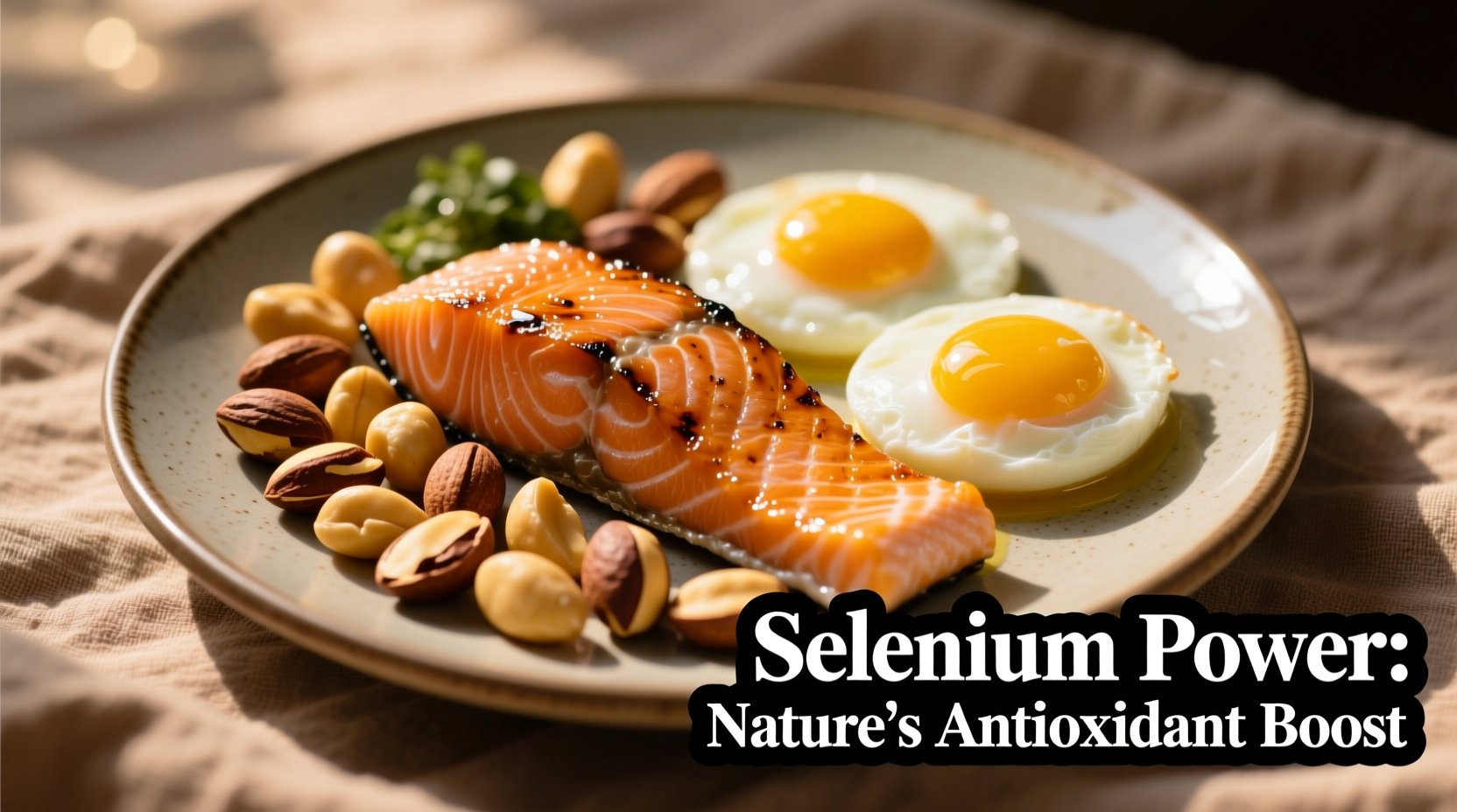 Selenreiche Lebensmittel wie Paranüsse, Lachs und Eier