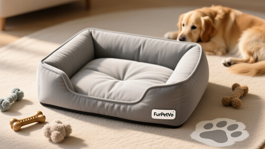 Top-down photo of the FurPetVo Therapeutic Bolster Bed showing its clean grey fabric, rounded bolster edges, and plush memory foam center